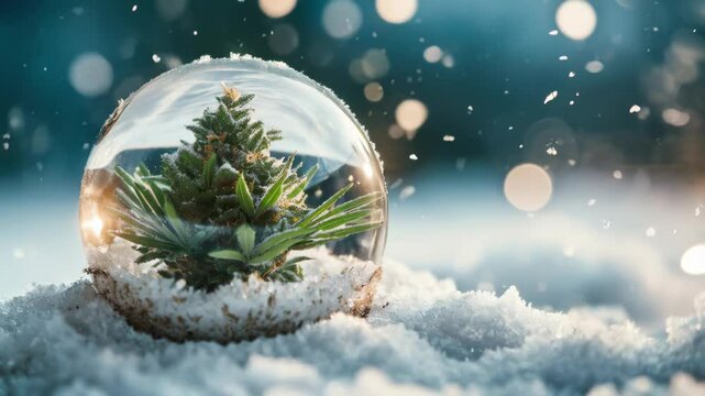 Cannabis Bud in Snow Globe on Snowy Background with Falling Snowflakes and Sparkling Bokeh Lights. New Year and Winter-themed scene video