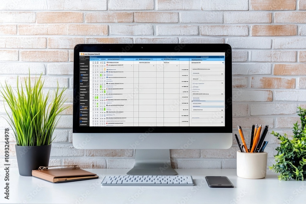 Aufkleber A professional workspace featuring a large monitor showing a Gantt chart and a calendar side by side. The chart includes project milestones and deadlines, with color-coded tasks. The desk is