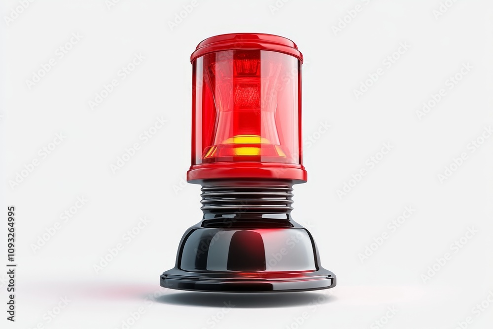 Poster A realistic red emergency light, glowing brightly with a spinning effect, placed on a white background. The light emits a vivid red glow with soft reflections and highlights, creating a sense