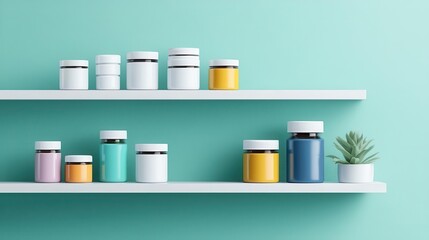 Organized pill boxes on pharmacy shelves, clean layout, flat design illustration