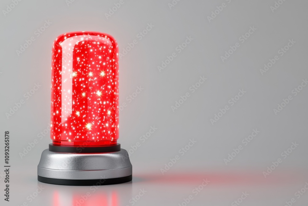 Poster A realistic red emergency light, glowing brightly with a spinning effect, placed on a white background. The light emits a vivid red glow with soft reflections and highlights, creating a sense