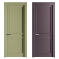 Two doors, one green and one purple, are shown side by side