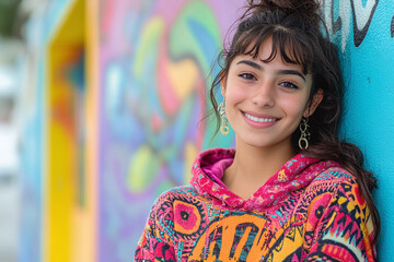 Portrait of a young hip latina hispanic woman wearing a colorful patterned hoodie, youth attitude, gen-z.