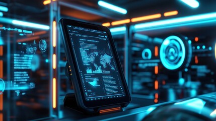 Obraz premium A futuristic tablet displaying data analytics and maps in a high-tech environment.