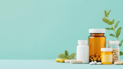 Overthecounter vitamins and supplements, pharmacy backdrop, flat design illustration