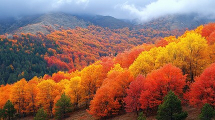 Fototapeta premium A vibrant autumn landscape showcasing colorful trees and mountains under a cloudy sky.