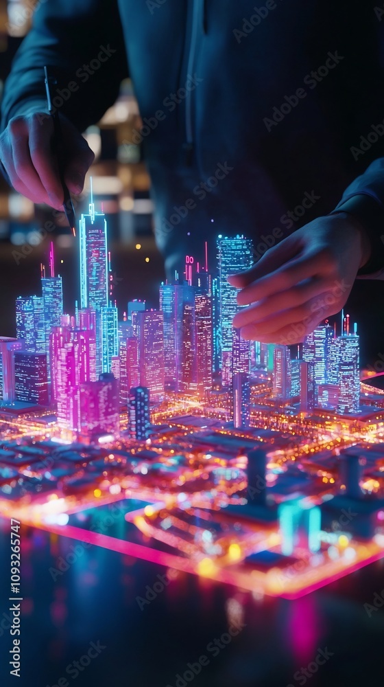 Poster engineer designing holographic smart city interface with floating architecture