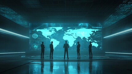 Business Team Collaborating on Holographic World Map for Global Strategy in Clean White Space