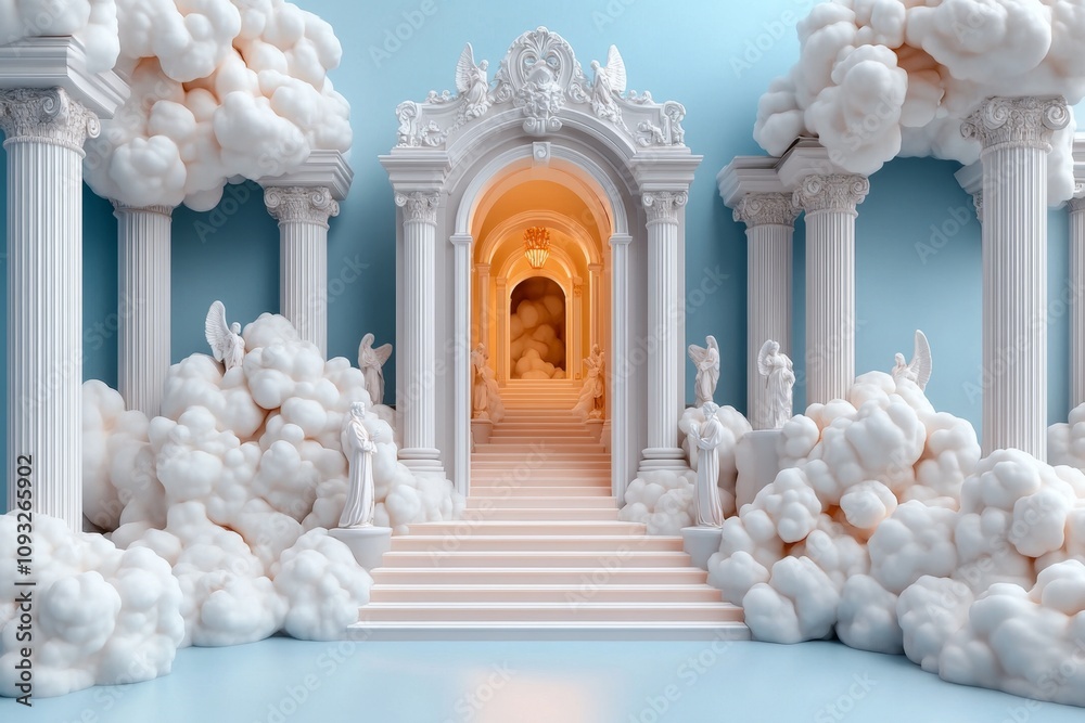 Poster a serene pathway to heaven featuring a staircase made of light and crystal-like steps, ascending thr