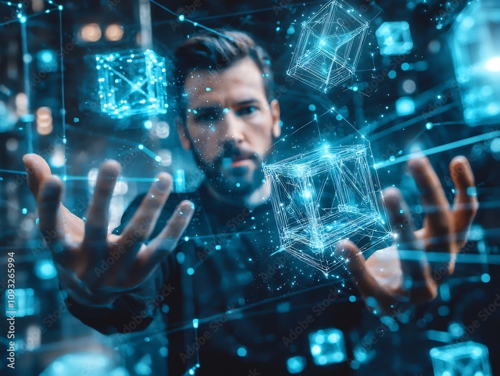 Poster creating 3d digital sculptures using holographic interface with floating glowing elements in minimal