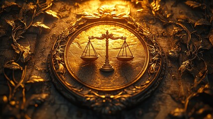 Naklejka premium Intricate Stone Tablet Featuring Deeply Etched Scales of Justice Surrounded by Decorative Elements in a Warmly Lit Setting