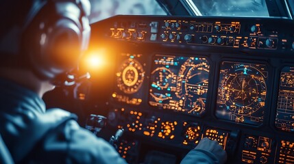 Pilot Controlling a Futuristic Spacecraft with Holographic Dashboard and Glowing Controls