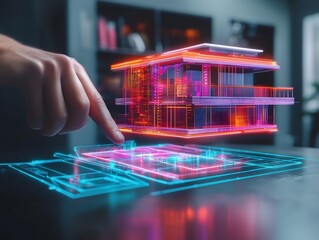 Architect Designing a Futuristic Holographic Building Blueprint