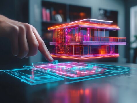 Architect Designing a Futuristic Holographic Building Blueprint