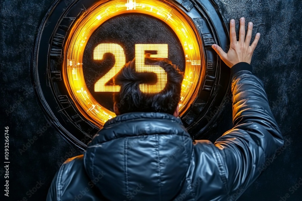 Fototapete A symbolic representation of the transition from 2024 to 2025, featuring a person reaching towards a glowing progress bar with numbers gradually shifting from 2024 to 2025. Surrounding elements