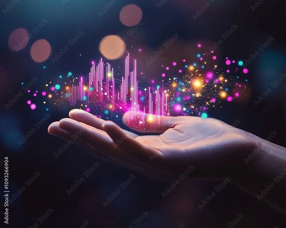Poster holographic data visualization interface displaying floating graphs and numbers on minimalist backdr