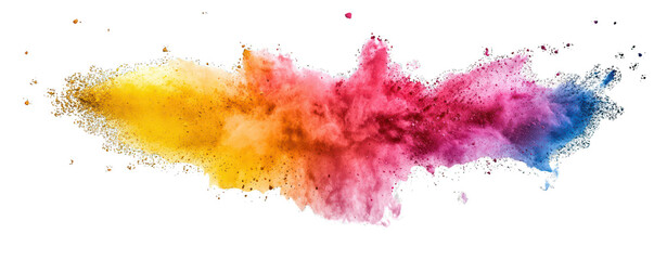 Obraz premium A dynamic dispersal of colored powder particles creating a captivating visual, isolated against a clean white background.