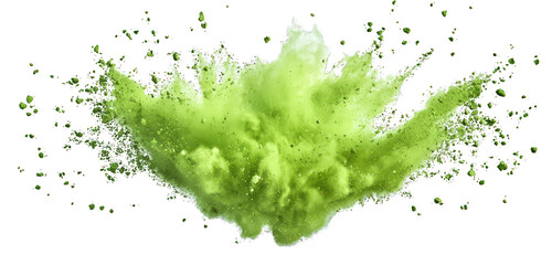 Rich green powder hangs in the air, creating a paint-like splash against a clean white backdrop.