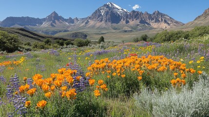 A vibrant meadow filled with colorful wildflowers against a stunning mountain backdrop.