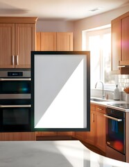 Generative AI. Frame mockup, on the wall of kitchen 