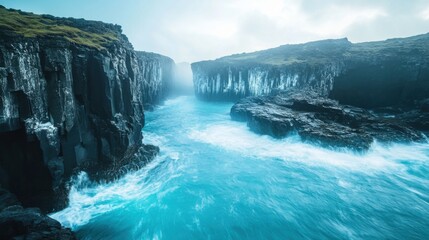 Majestic Seascape with Dramatic Cliffs and Turquoise Waters Captured in a Tranquil Moment of Nature's Beauty and Grandeur under a Cloudy Sky