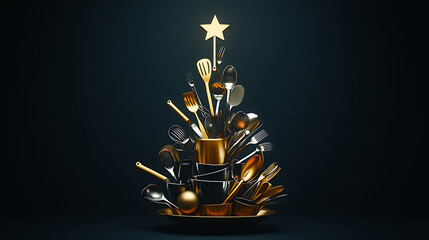 Christmas tree decorated entirely with kitchen utensils and topped withstar-shaped spatula