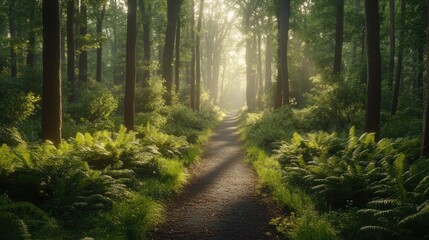 Fototapeta premium Sunlit Path Through Verdant Forest With Ferns