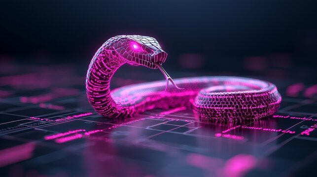 Symbolizing Python programming's dynamic and powerful nature, a glowing snake amidst code lines is at the center of the design.