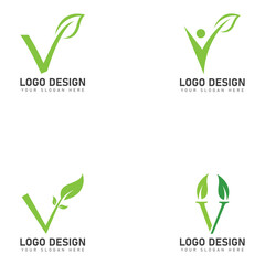 set of initial letter v with leaf logo design vector icon