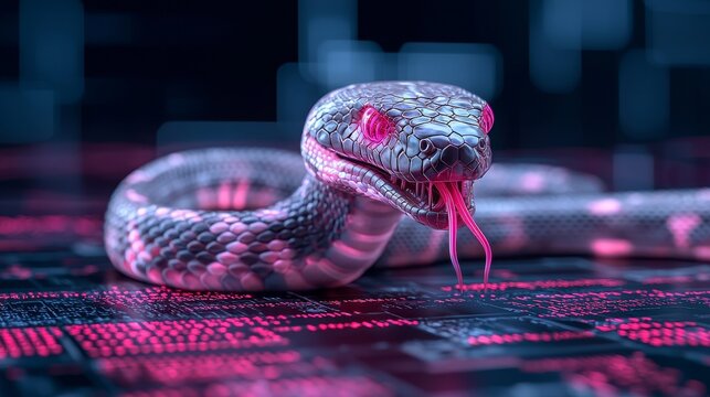 Among code lines is a glowing snake symbolizing the dynamic nature of Python programming.
