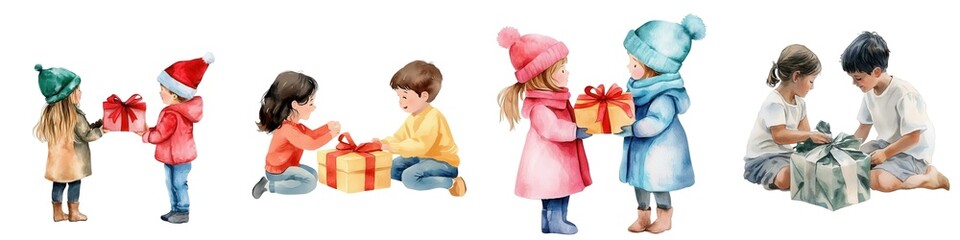 Fototapeta premium Christmas decorations concept. Children exchanging gifts, enjoying the joy of giving during festive celebrations.