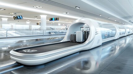Obraz premium Suitcases travel on an airport conveyor, showcasing luggage transport efficiency and modern travel infrastructure in a busy terminal