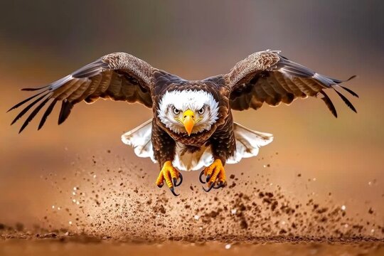 An American eagle diving at incredible speed, wings tucked in and talons extended