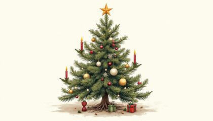Fototapeta premium Painterly Christmas Tree Illustration in Vintage Style with Traditional Holiday Elements