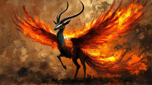 A mythical creature with fiery wings and horns, embodying the essence of transformation and rebirth.