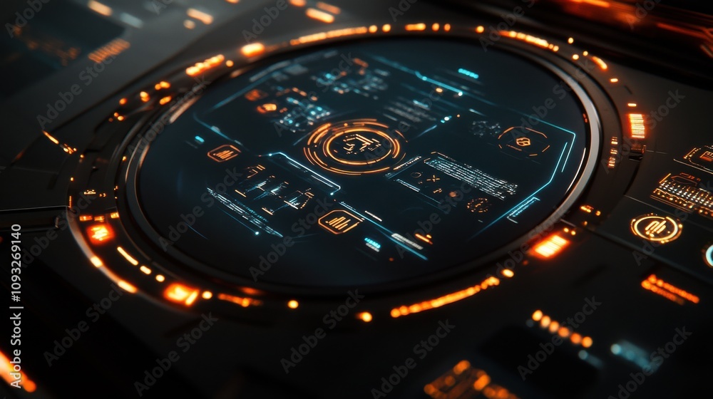 Poster futuristic digital interface with neon elements featuring interactive data panels, buttons, and grap