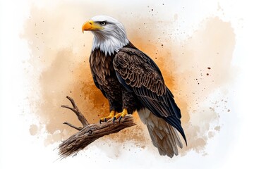Obraz premium An American eagle perched on a branch, painted in a delicate watercolor style with subtle details and soft, natural hues