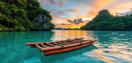 A serene tropical lagoon shrouded in lush emerald greenery, its crystal turquoise waters reflecting the vibrant hues of a Polynesian sunset.