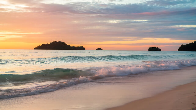 Scenic ocean sunset with soft waves and rocky shore