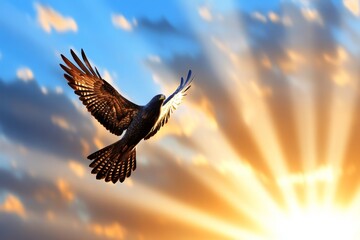 Obraz premium An American eagle soaring with its wings fully spread, with rays of sunlight breaking through the clouds