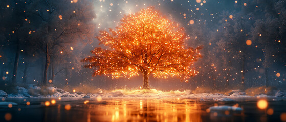 Obraz premium A tree with lights on it is lit up in the dark