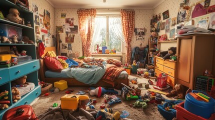 A Messy Child's Bedroom with Toys Scattered Around