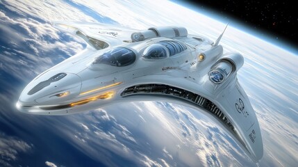Futuristic spaceship soaring through outer space above Earth, showcasing advanced technology and sleek design, surrounded by clouds and galaxies in the background