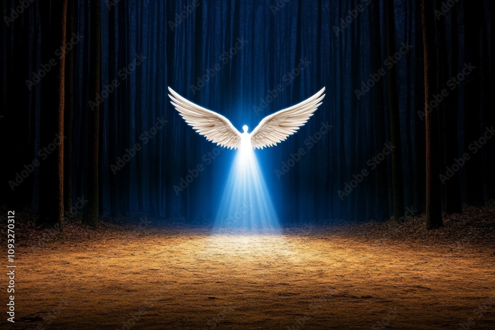 Poster angel ascending through a beam of light in a dark forest, creating an ethereal and hopeful ambiance