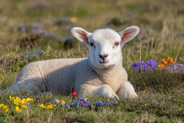 Fototapeta premium A cute lamb lies peacefully in a field surrounded by colorful wildflowers, basking in sunlight and capturing the essence of spring in a serene natural setting