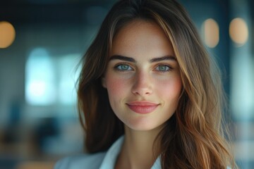 Close-up headshot Confident European young woman, good looking teenager, middle aged leader, businesswoman, CEO on blurred office background. Beautiful young European businesswoman smiles at thecamera