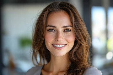 Fototapeta premium Close-up headshot Confident European young woman, good looking teenager, middle aged leader, businesswoman, CEO on blurred office background. Beautiful young European businesswoman smiles at thecamera