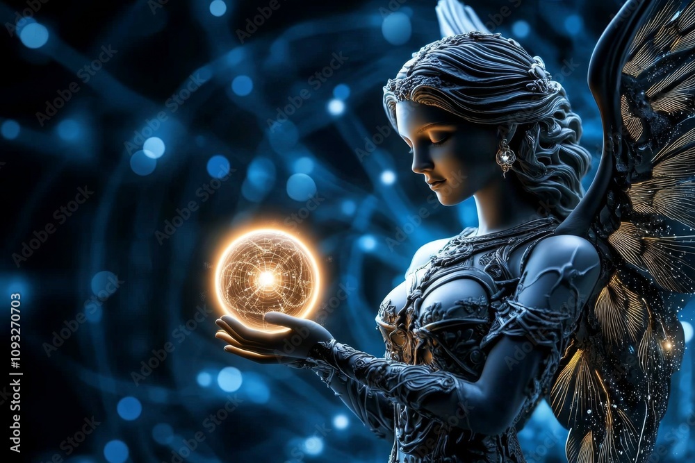 Poster angel holding a glowing orb of energy, surrounded by celestial patterns and cosmic light
