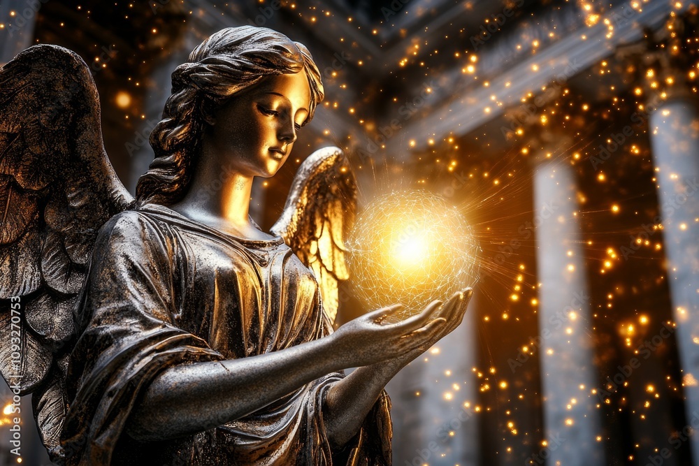 Poster angel holding a glowing orb of energy, surrounded by celestial patterns and cosmic light