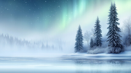 Snowy Landscape with Evergreen Trees and Aurora Borealis Reflection